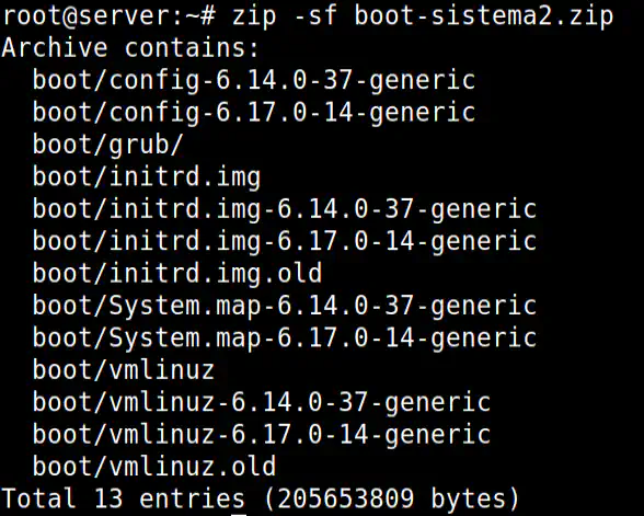 Execução do comando zip exibindo o conteúdo do arquivo no formato ZIP, após excluir um arquivo de dentro.