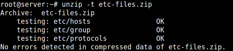 Comando unzip executado para testar a integridade do conteúdo do arquivo ZIP.