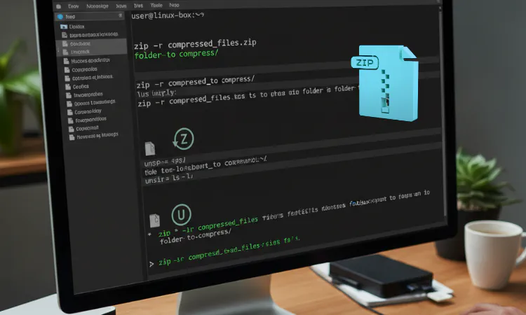 Tela do monitor de um computador mostrando a execução dos comandos zip e unzip no linux