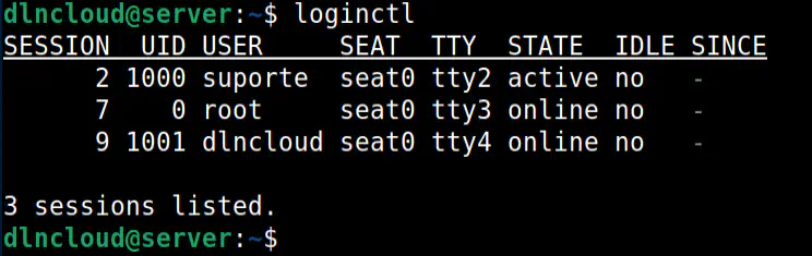 execução somente do comando loginctl para descobrir quem está logado no momento no sistema linux. A saída exibida mostra informações de quem está logado.