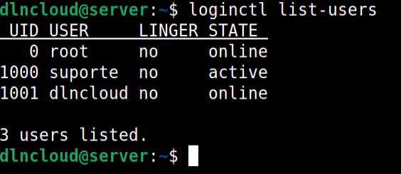 comando loginctl executado com o argumento list-users e a saída exibe quem está logado no linux atualmente.