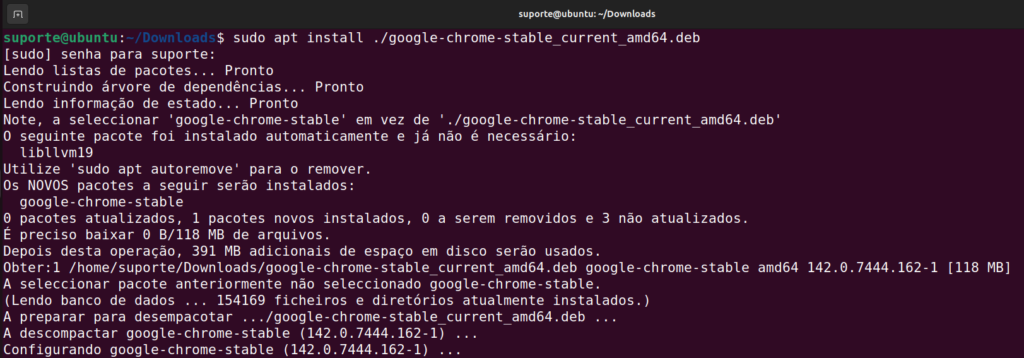 comando apt install instalando o arquivo de pacote google-chrome-stable_current_amd64.deb no ubuntu