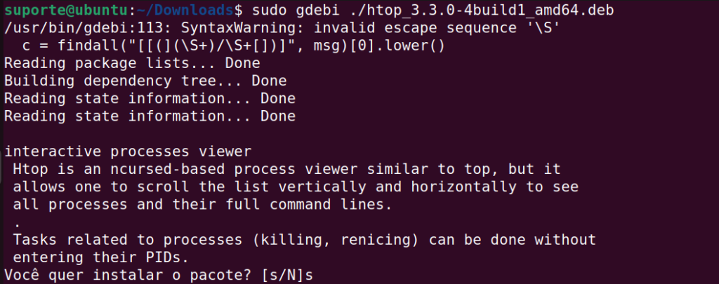 instalando arquivo deb no ubuntu pelo terminal executando o comando gdebi.
