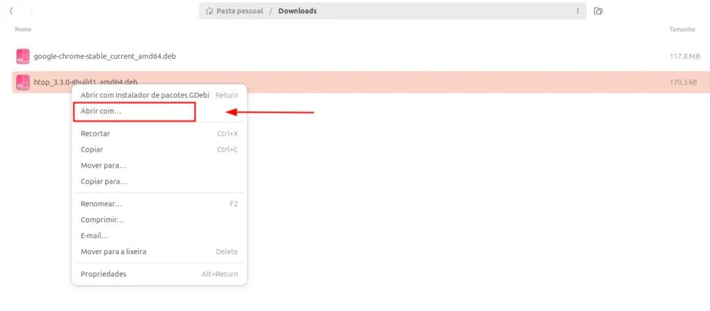 com o arquivo de pacote selecionado, é usado o menu de contexto do gerenciador de arquivos nautilus para abrir o ubuntu software.
