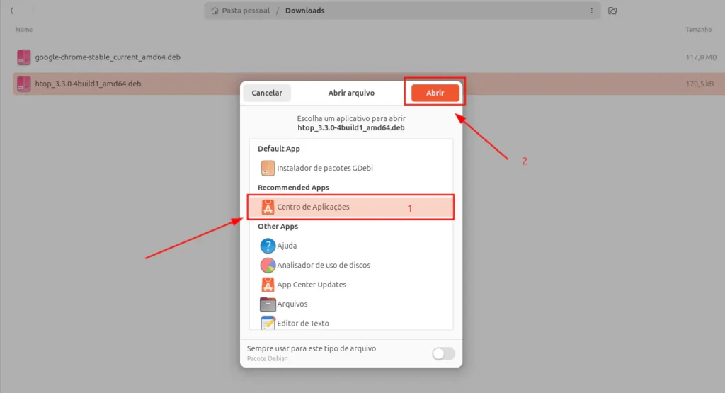 Selecionando no menu de contexto do nautilus o app ubuntu software para instalar arquivo deb no ubuntu.