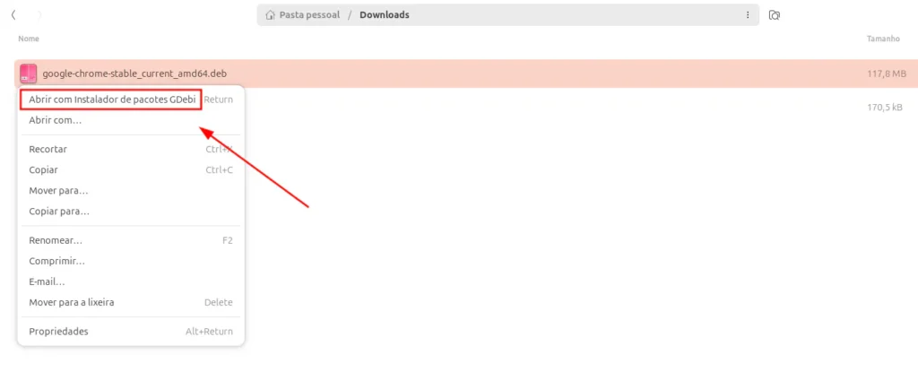 arquivo deb selecionado no gerenciador de arquivos nautilus e abrindo programa gdebi para instalar arquivo deb no ubuntu.