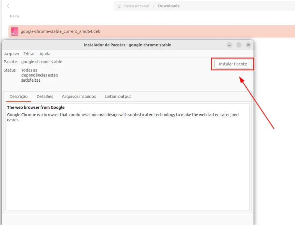 instalando arquivo deb no ubuntu usando versão gráfica do programa gdebi.