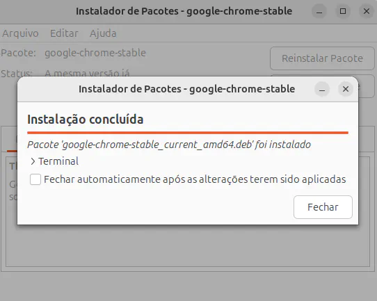 Instalação concluída do pacote .deb usando a interface gráfica do gdebi.