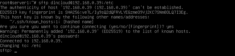 comando sftp executado para se conectar ao servidor remoto, e após a autenticação acessa o diretório /etc