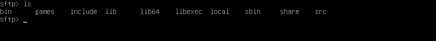 comando ls executado no servidor remoto usando o prompt do comando sftp