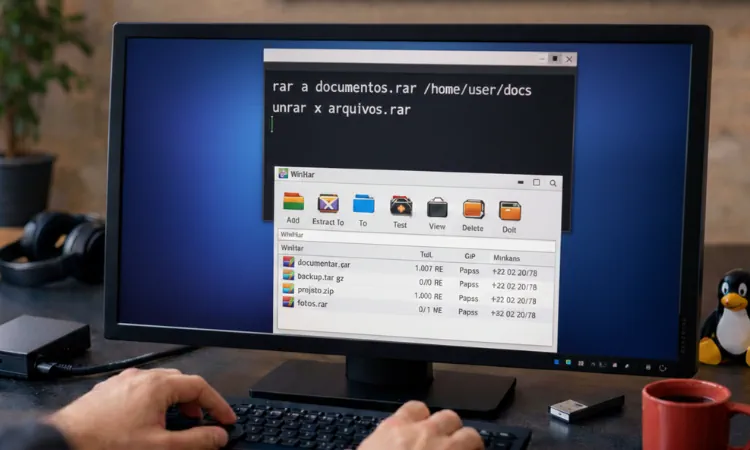 Monitor exibindo os comando rar e unrar sendo executados no terminal do linux
