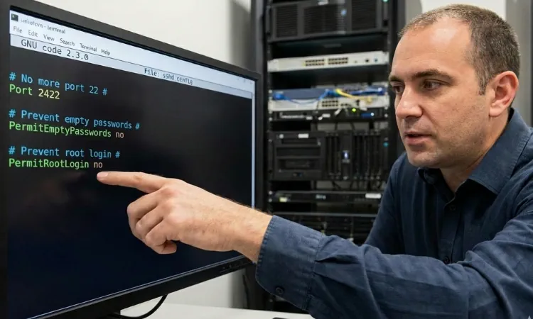 Profissional de TI explicando configurações de segurança do ssh
