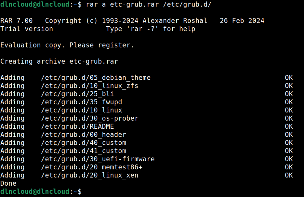 comando rar compactando o conteúdo de /etc/grub.d 