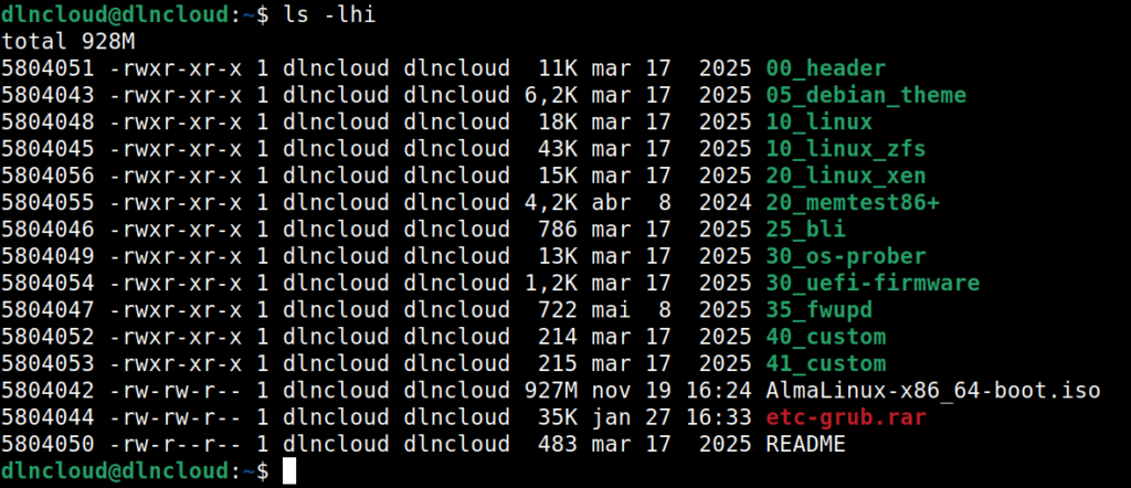 comando ls -lhi exibindo o conteúdo da pasta atual incluindo os arquivos extraídos e os arquivos rar no linux