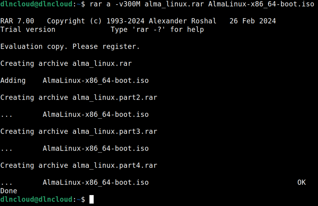 comando rar compactando e dividindo arquivo .rar compactado em partes de 300M o arquivo de imagem ISO do almalinux 