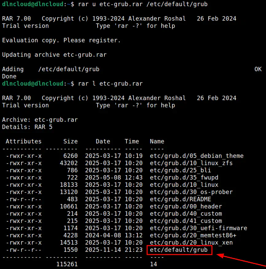 comando rar adicionando novo arquivo ao arquivo .RAR e em seguida é executado o comando rar para listar o novo conteúdo do arquivo .RAR