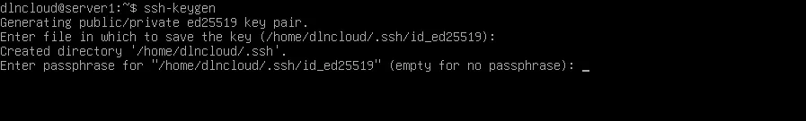 Comando ssh-keygen executado, solicitando frase senha.