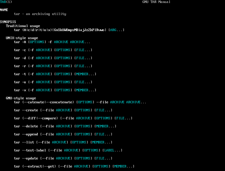 manual do comando tar no linux exibindo a sintaxe