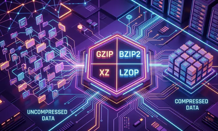 arquivos sendo comprimidos pelos comando gzip, bzip2, xz e lzop. os comandos são ilustrados por um processador que comprime os dados dos arquivos