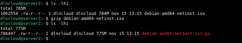comando gzip comprimindo uma imagem ISO do debian