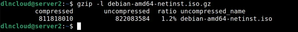 comando gzip executado sobre um arquivo com extensão .gz e mostrando na saída do comando informações do arquivo.
