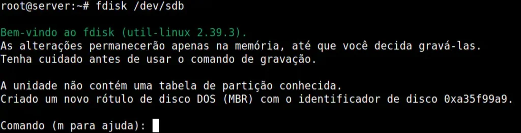 comando fdisk /dev/sdb executado para particionar o HD /dev/sdb, no fim da imagem é mostrado o prompt do comando fdisk
