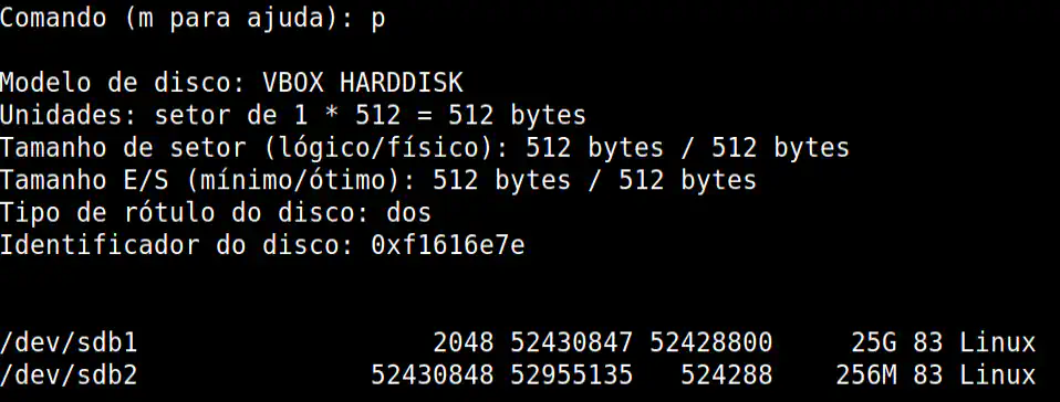 listando todas as partições do HD e suas informações no prompt do comando fdisk