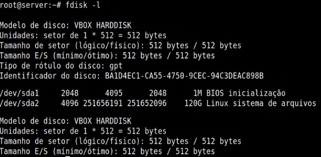 Comando fdisk listando todos os dispositivos de armazenamento e e suas partições.