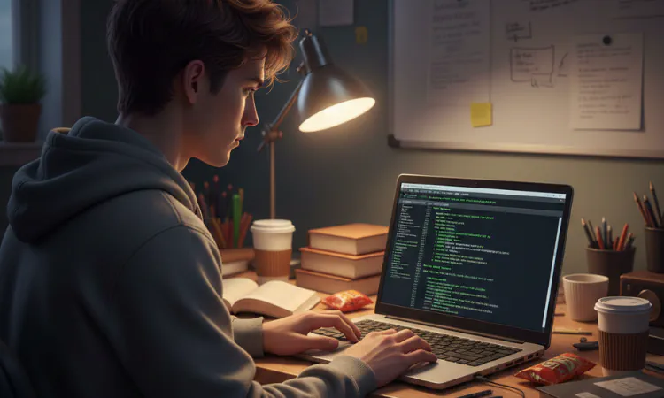 Estudante usando notebook para estudar comandos linux no terminal