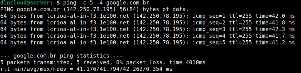 comando ping executado contra para google.com.br, mas filtrando pelo endereço ipv4.