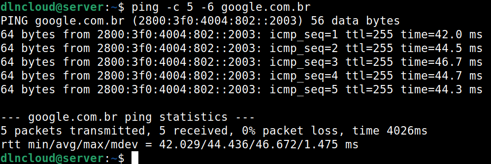 comando ping executado contra para google.com.br, mas filtrando pelo endereço ipv6.