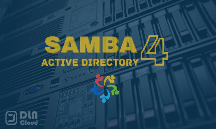 Logo marca do samba e almalinux sobre a imagem de um servidor