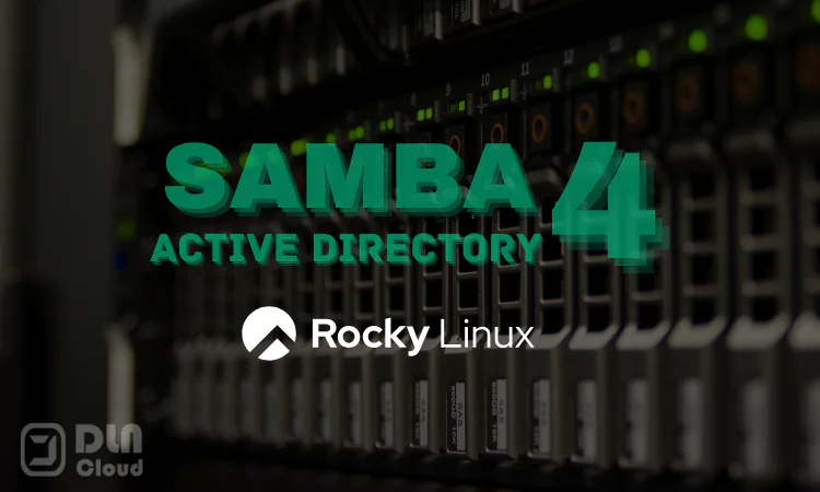Logo marca do samba e rocky linux sobre a imagem de um servidor