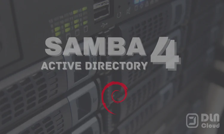 Logo marca do samba e debian sobre a imagem de um servidor