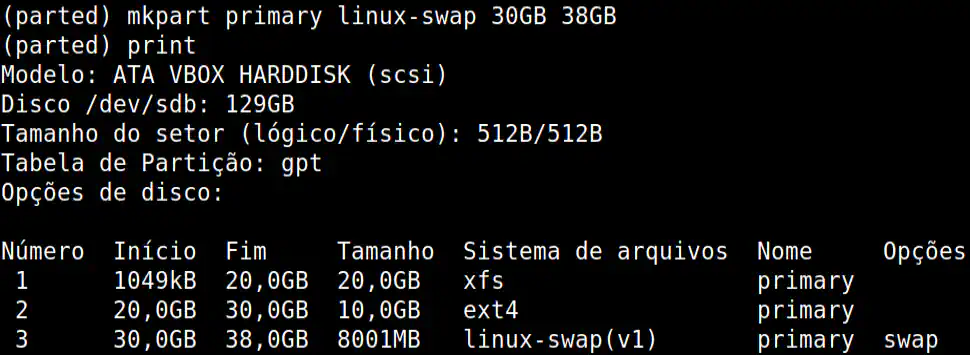 criada uma partição de 8 GB de espaço
