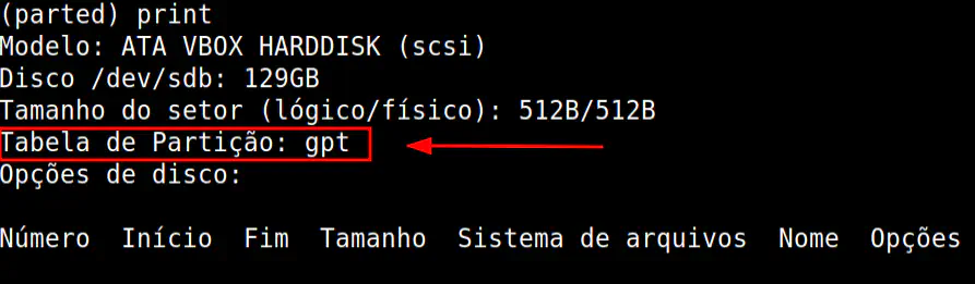 Mostrada a tabela de partição de /dev/sdb a partir do prompt de comando do comando parted, no modo interativo
