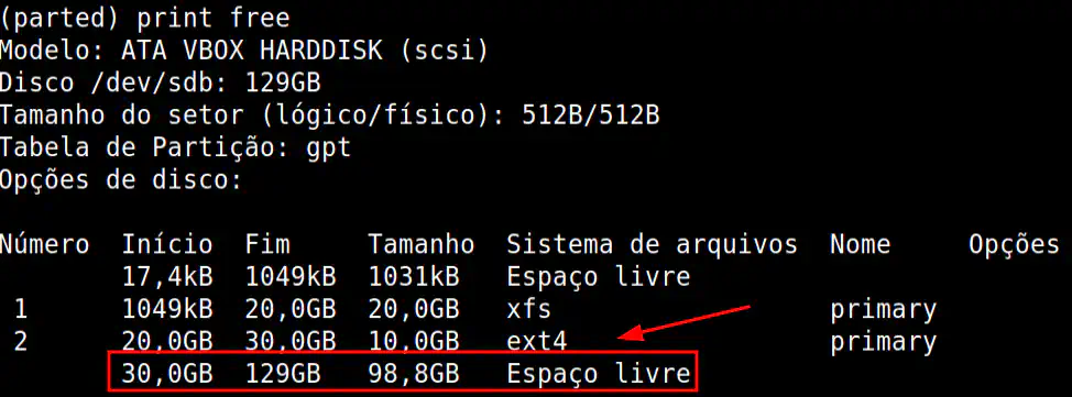 no modo interativo usando o prompt de comando do parted é listado o espaço livre que ainda pode ser utilizado no HD selecionado