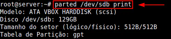 comando parted no linux executado no modo não-interativo exibindo a tabela de partições do HD /dev/sdb