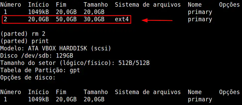 removendo a partição de número 2 e em seguido mostrando informações da tabela de partições