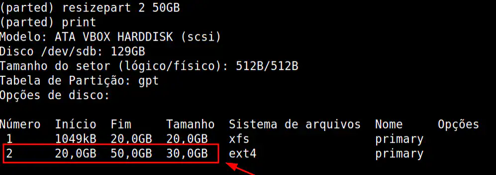 redimensionando a partição de número 2, de 10GB para 30 GB de espaço