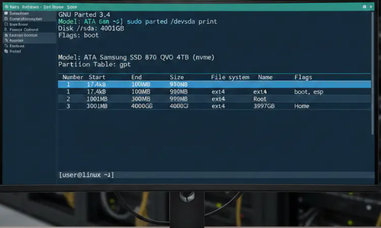 Monitor exibindo saída do comando parted, que lista todas as partições do HD /dev/sda