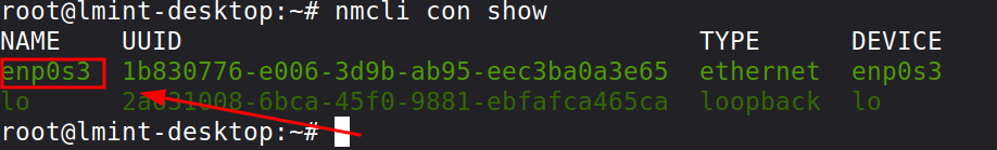Comando nmcli con show executado, lista todas as conexões de rede da máquina cliente linux mint. 