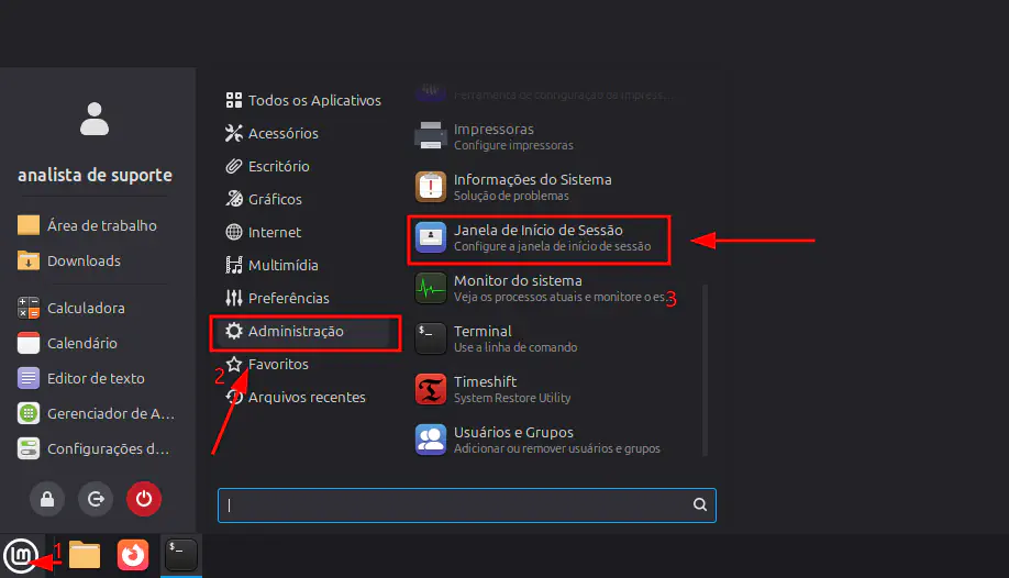 Acessando a aplicação que configura a janela de inicio de sessão no linux mint
