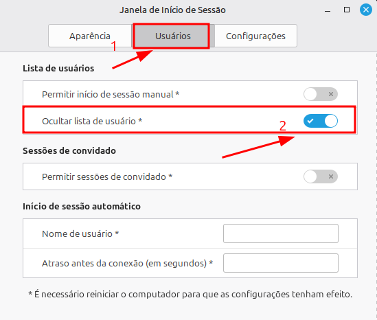 Habilitando a configuração que oculta a lista de usuários do sistema