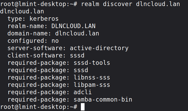 Comando realm executado testando conexão com servidor controlador de domínio e listando informações do domínio onde será ingressado
