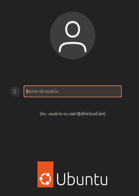 Tela do gerenciador de login do ubuntu, abaixo tem um exemplo do formato de login que deve ser digitado para usuários do active directory.