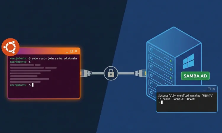 Terminal do linux ubuntu executando comandos para ingressar no domínio do active directory em um servidor DC