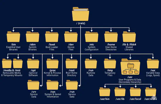 Representação visual da hierarquia da estrutura de diretórios usada no linux.