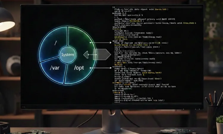 tela do monitor que tem códigos de particionamento do lado direito e do lado esquerdo um gráfico em formato pizza ilustrando como distribuir o espaço de armazenamento para os conteúdos de diretórios do sistema linux
