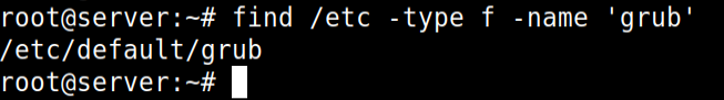 comando find no linux buscando em /etc por arquivos e diretórios que tem o nome exato grub